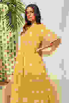 Yellow Cotton Embroidered Tiered Dress image number 0