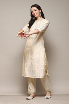 Off White Polyester Straight Printed 2 Piece Set image number 0