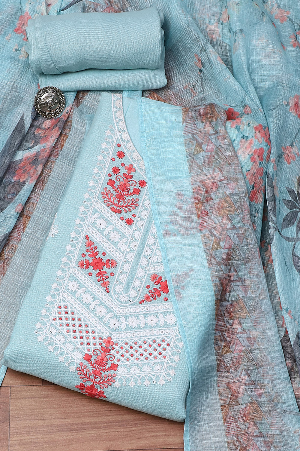 Pastel Green Linen Machine Embroidered Unstitched Suit Set image number 0