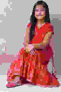 Red Art Silk Printed Short Top Lehenga Set image number 7