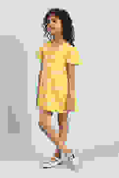 Yellow Pure Cotton Schiffli A-Line Dress image number 2
