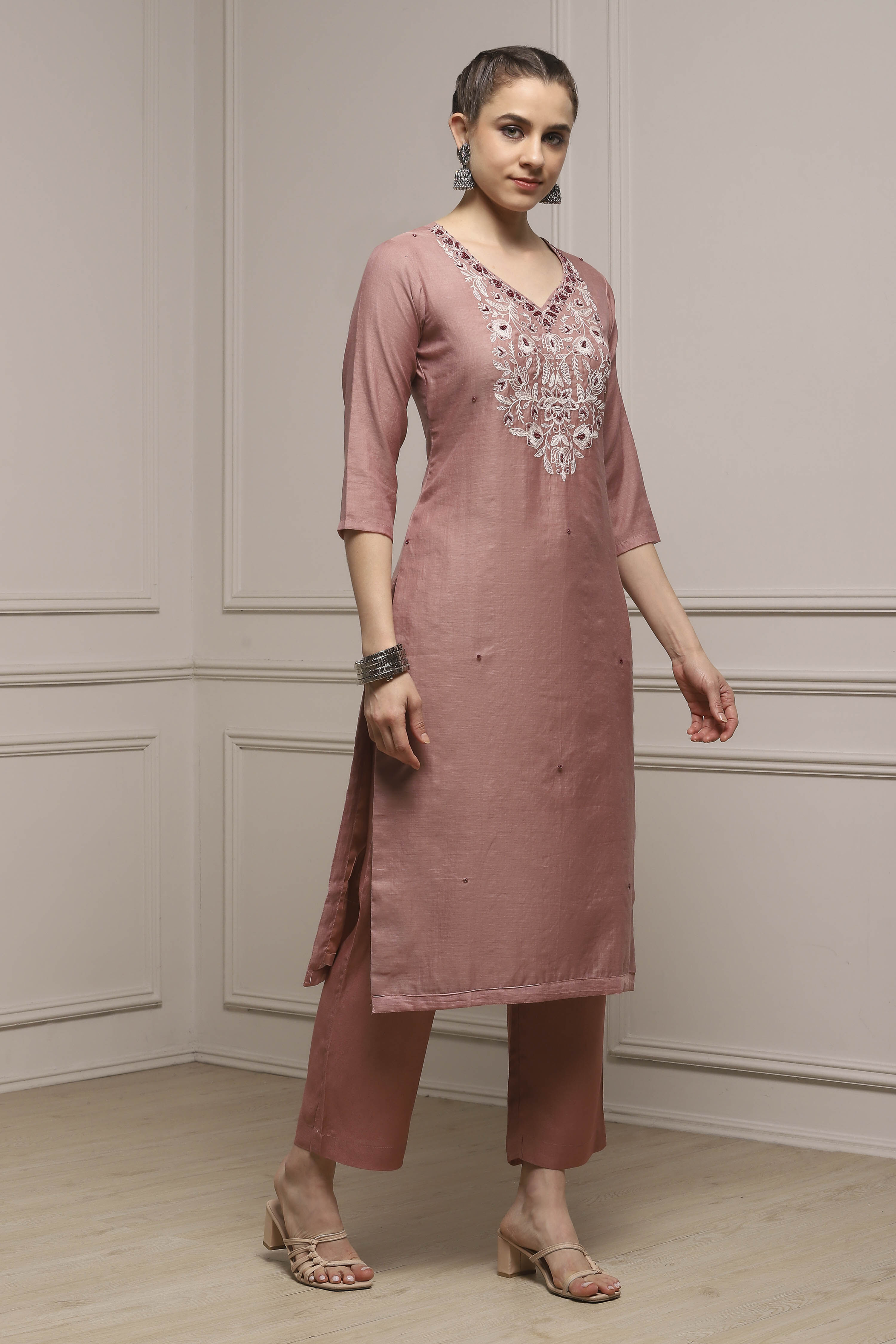 Beige Mul Chanderi Blend Hand Embroidered Unstitched Suit Set image number 6