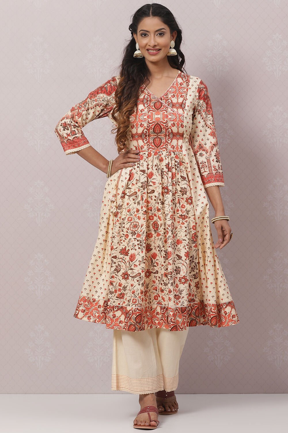 Cream Cotton Flared Kurta Set