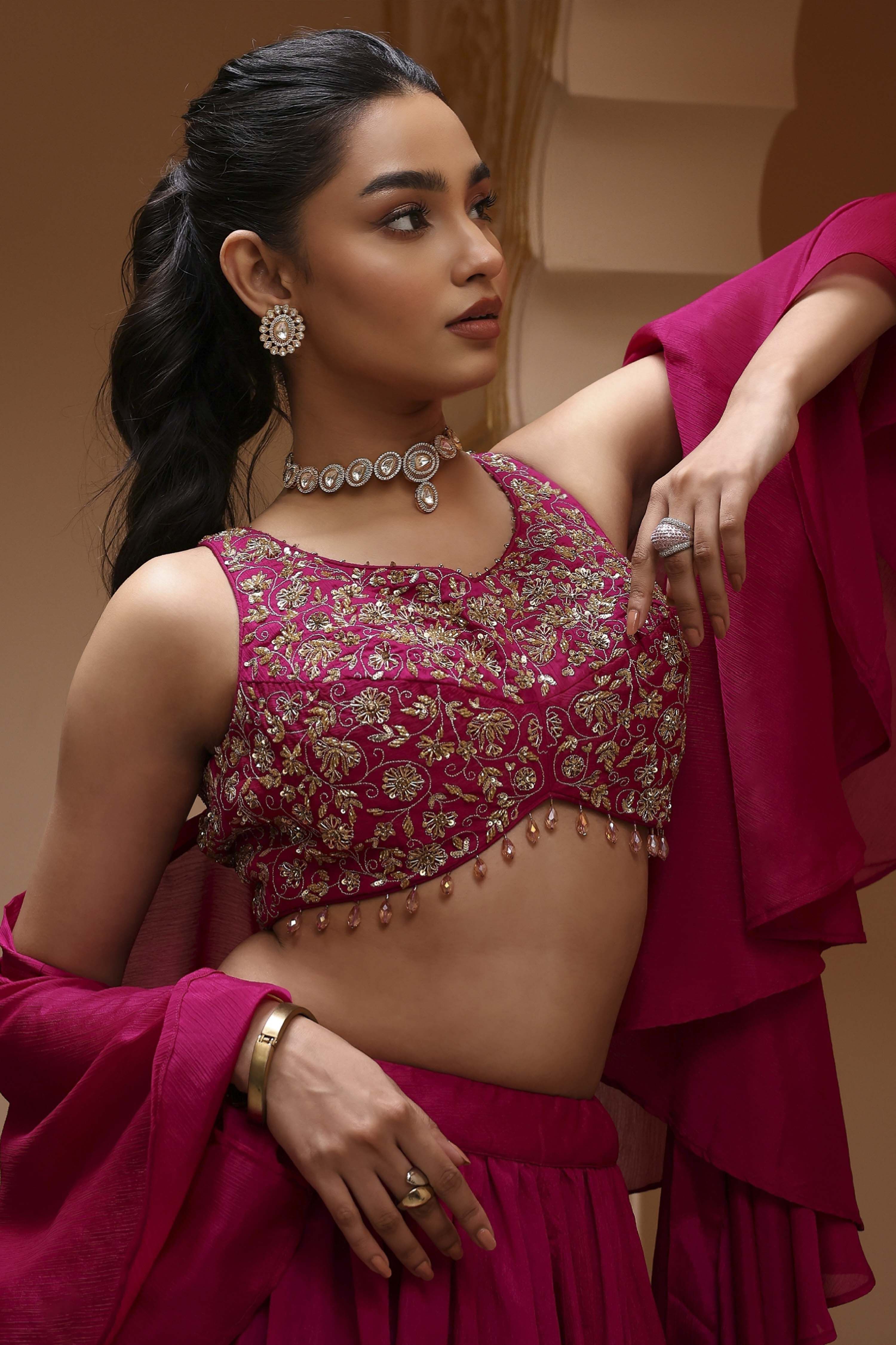 Berry Pink Pure Chinnon Hand Embroidered Lehenga Set image number 8