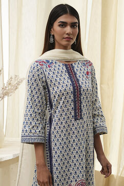 Off-White Cotton Printed Straight Suit Set image number 7