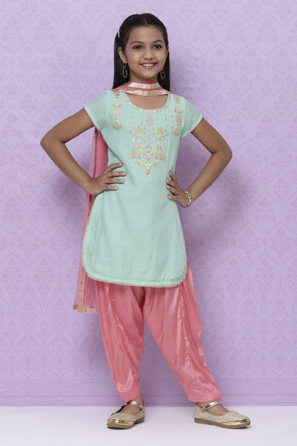 Sea Green Poly Cotton Girls Straight Kurta Salwar Suit Set at Biba India