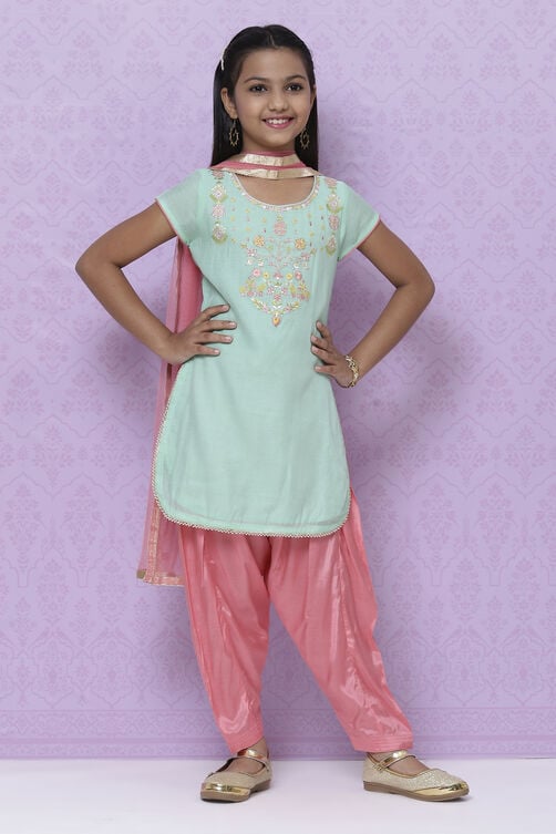 Sea Green Poly Cotton Girls Straight Kurta Salwar Suit Set image number 0