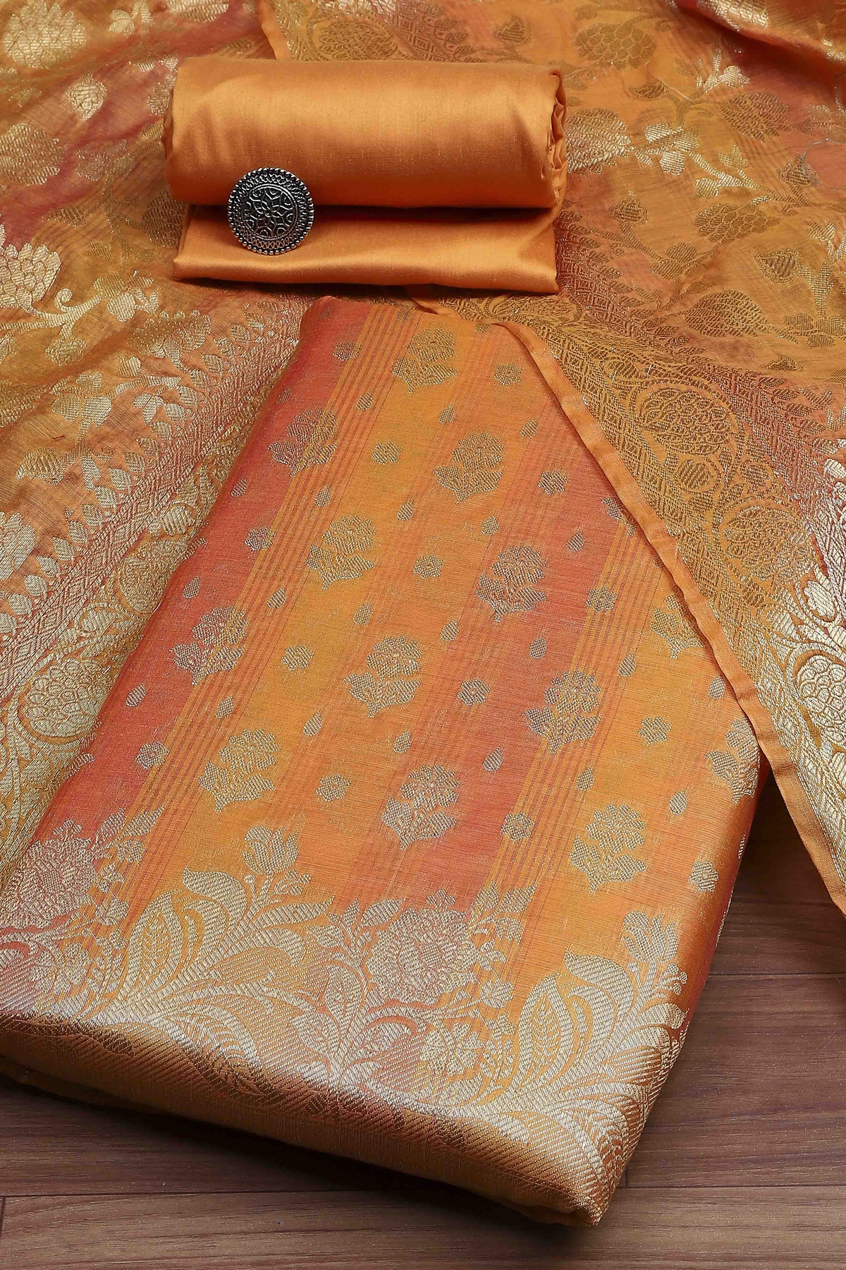 Yellow Cotton Printed Embroidered Unstitched Suit Set