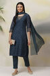 Teal Art Silk Straight Kurta Slim Pant Suit Set image number 6