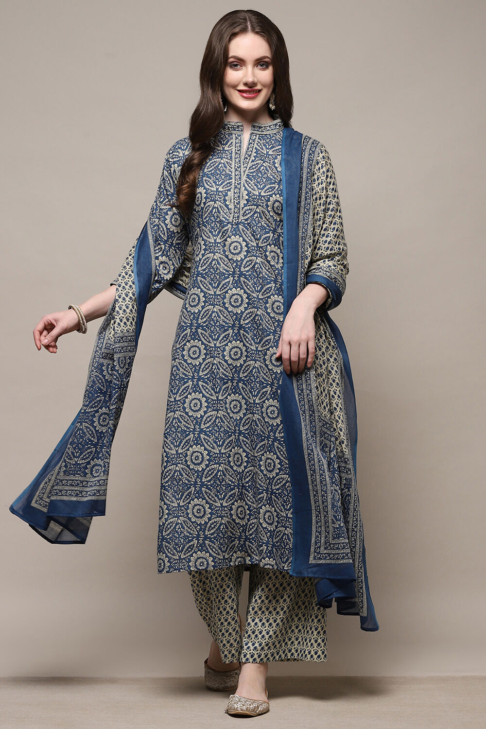 Blue Cotton Floral Screen Printed Unstitched Suit Set image number 8