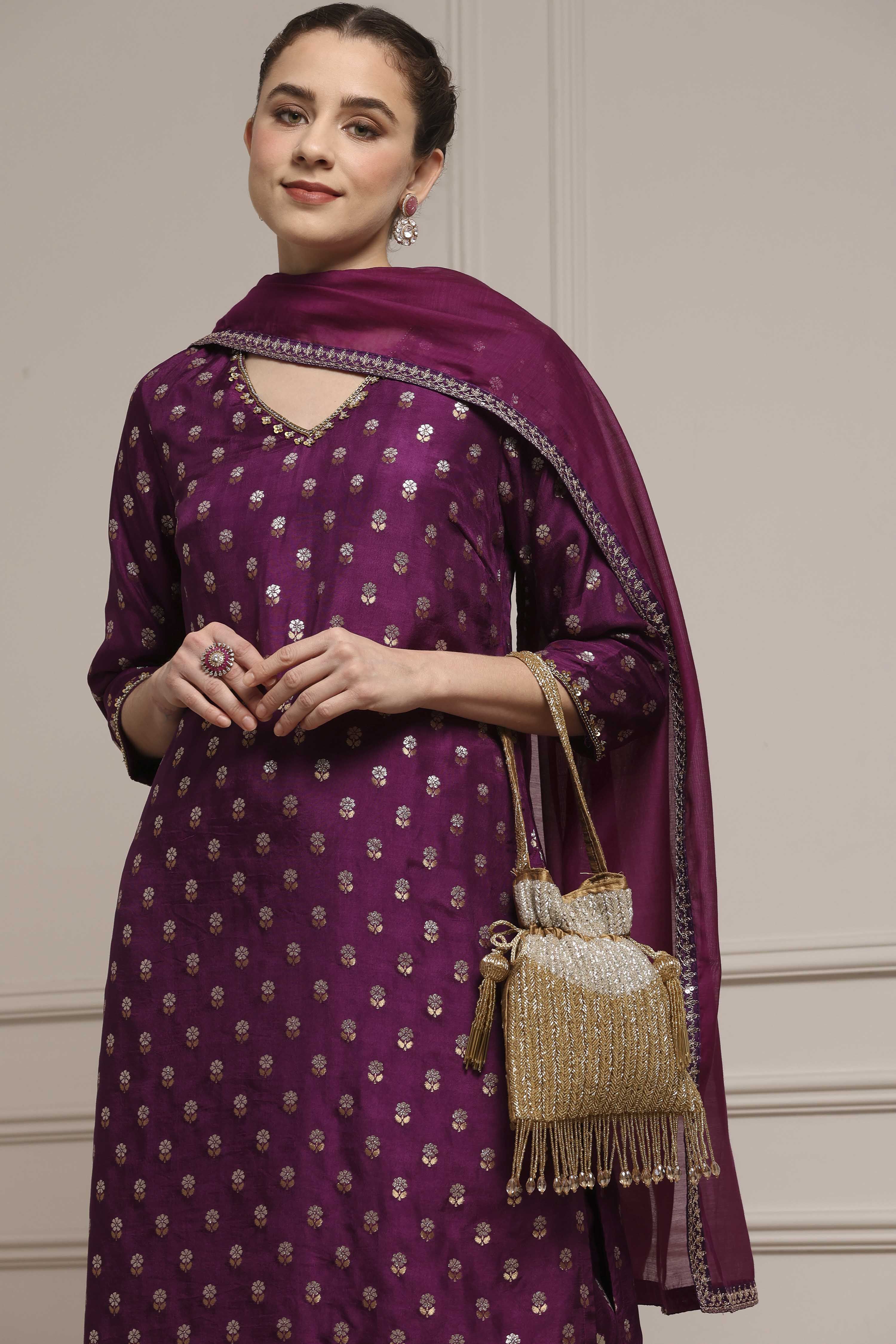 Purple Viscose Dupion Printed Straight Suit Set image number 7