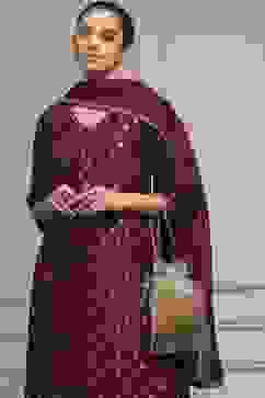 Purple Viscose Dupion Printed Straight Suit Set image number 7