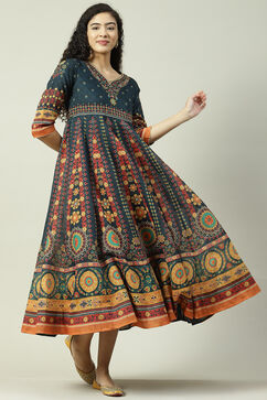 Teal Art Silk Flared Fusion Printed Dress image number 5
