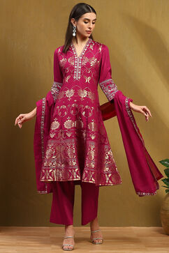 Berry Pink Yarn Dyed Kalidar Suit Set image number 7