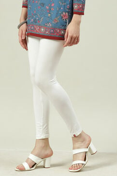 Off White Cotton Blend Solid Leggings image number 2