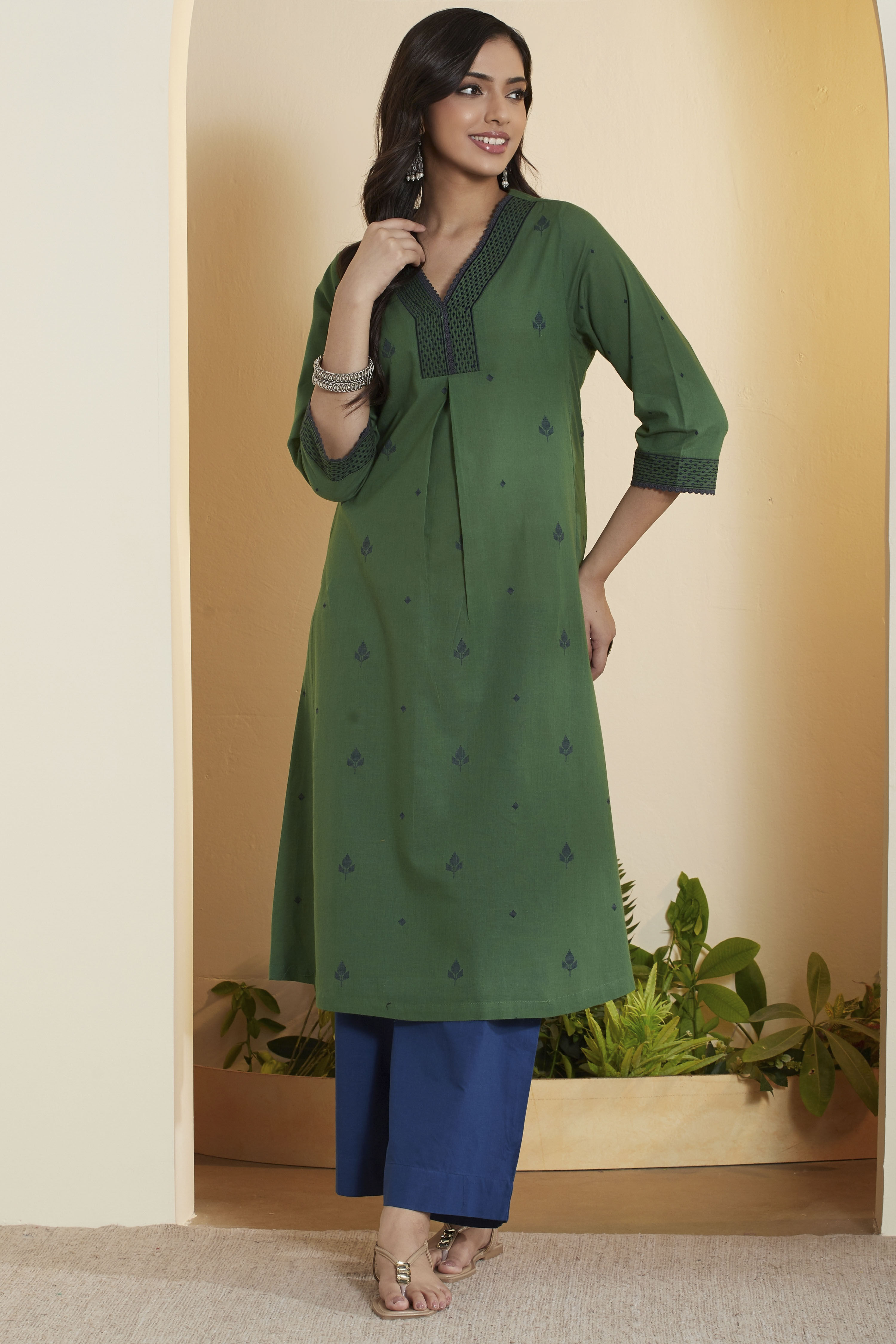 Green Cotton Printed Straight Kurta image number 0