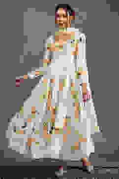 Rohit Bal Off-White Silk Chanderi Floral Printed Anarkali Suit Set image number 6