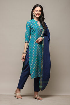 Blue Cotton Hand Embroidered Unstitched Suit Set image number 7