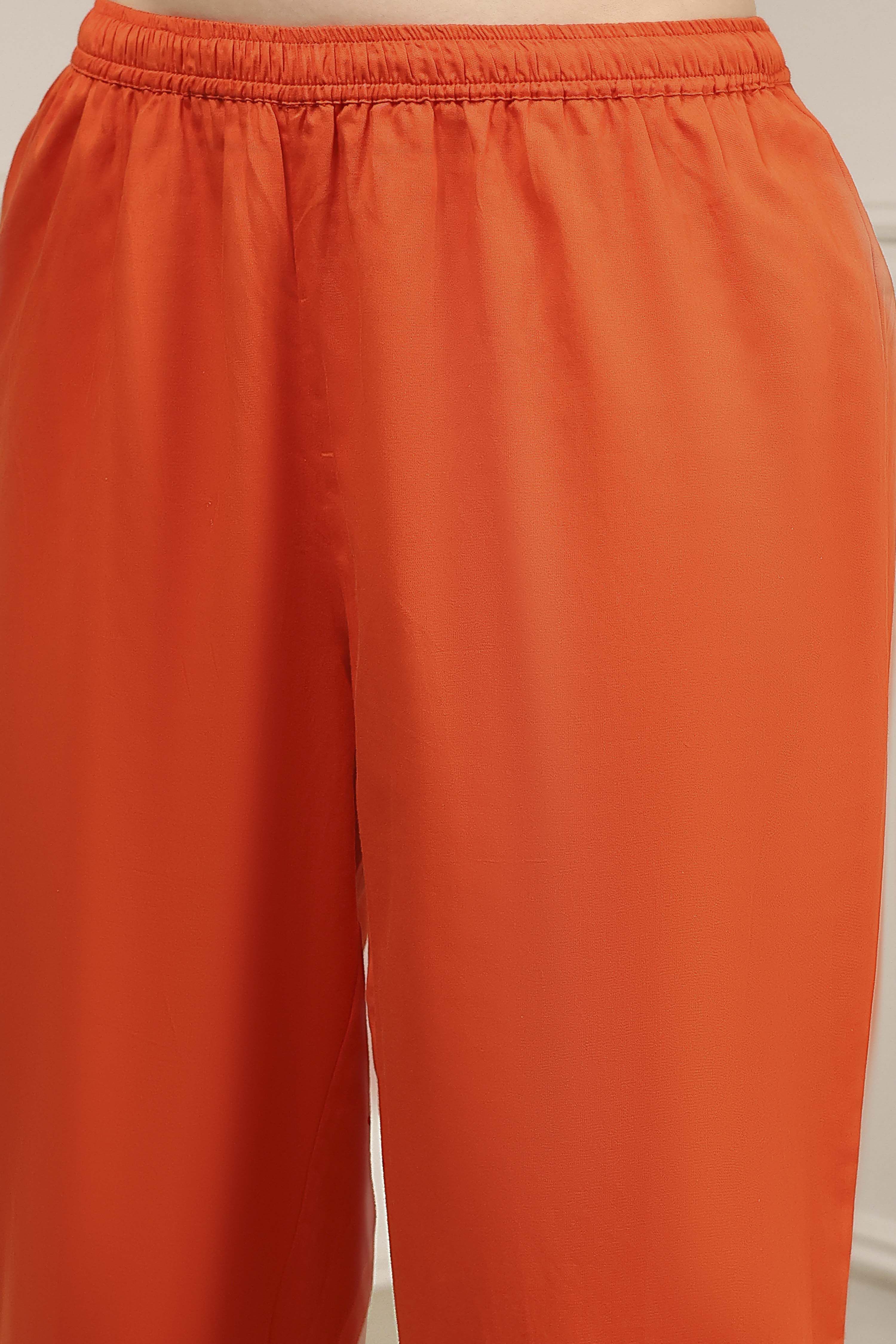 Orange Silk Embroidered Gathered Straight Suit Set image number 2