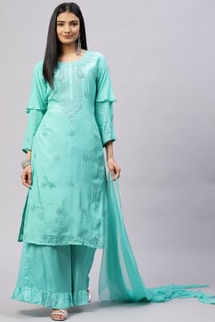 Turquoise Art Silk Hand Embroidered Unstitched Suit Set image number 0