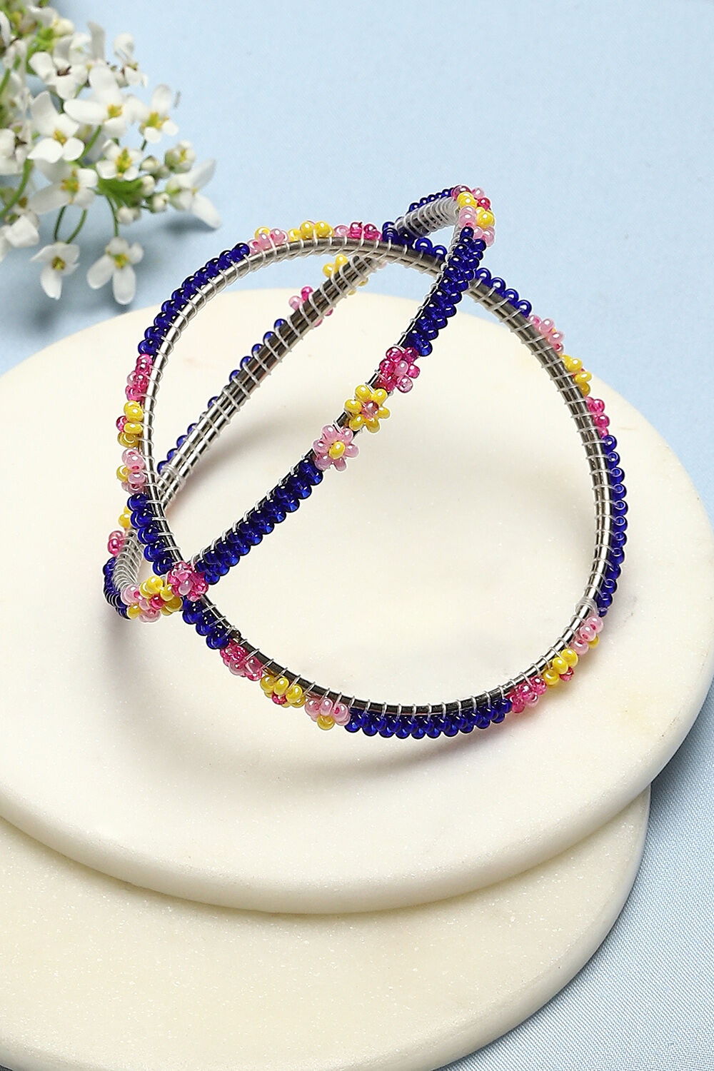 Purple Pink Yellow Metal And Beads Bangles image number 0