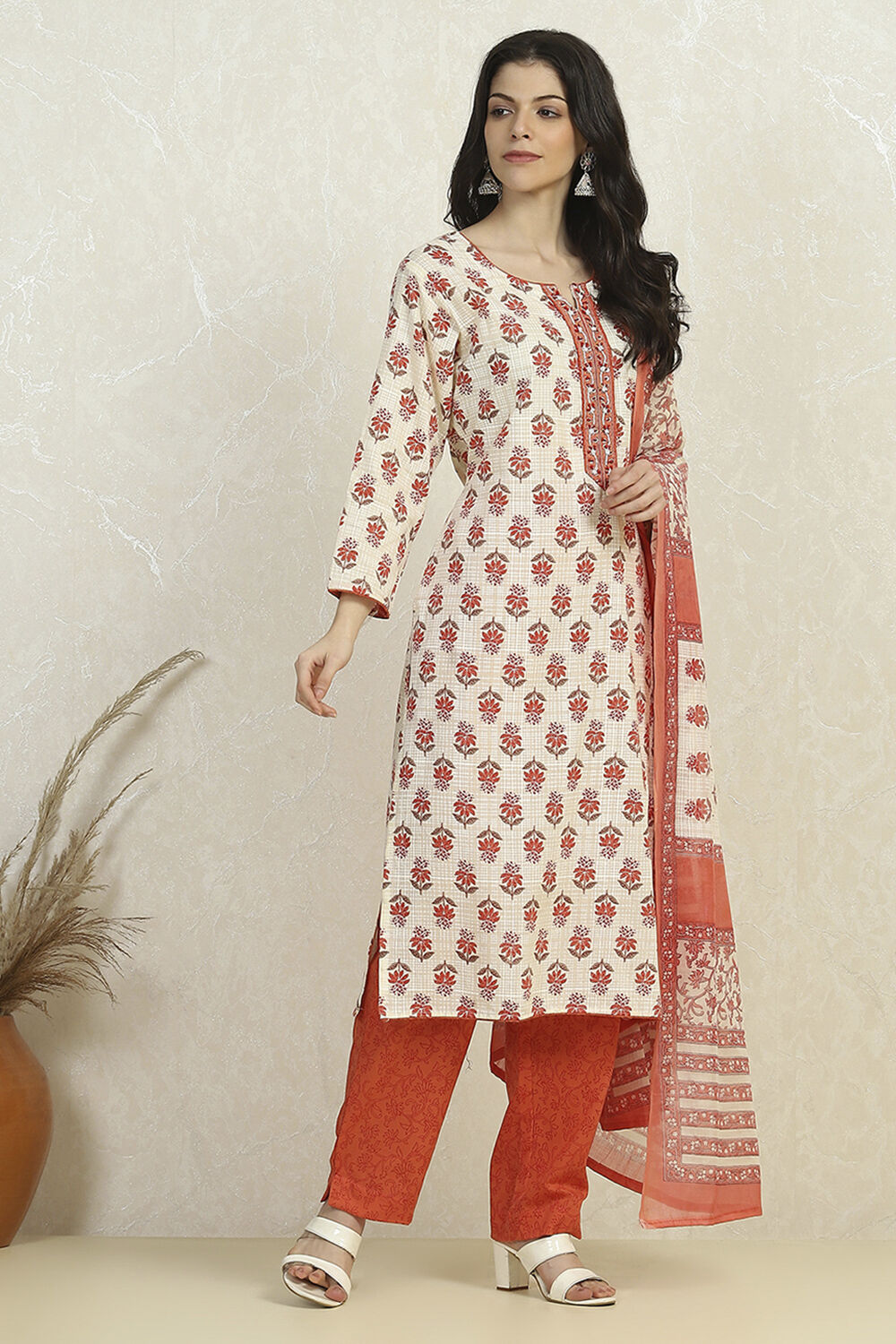 Orange Cotton Printed Embroidered Unstitched Suit Set image number 6