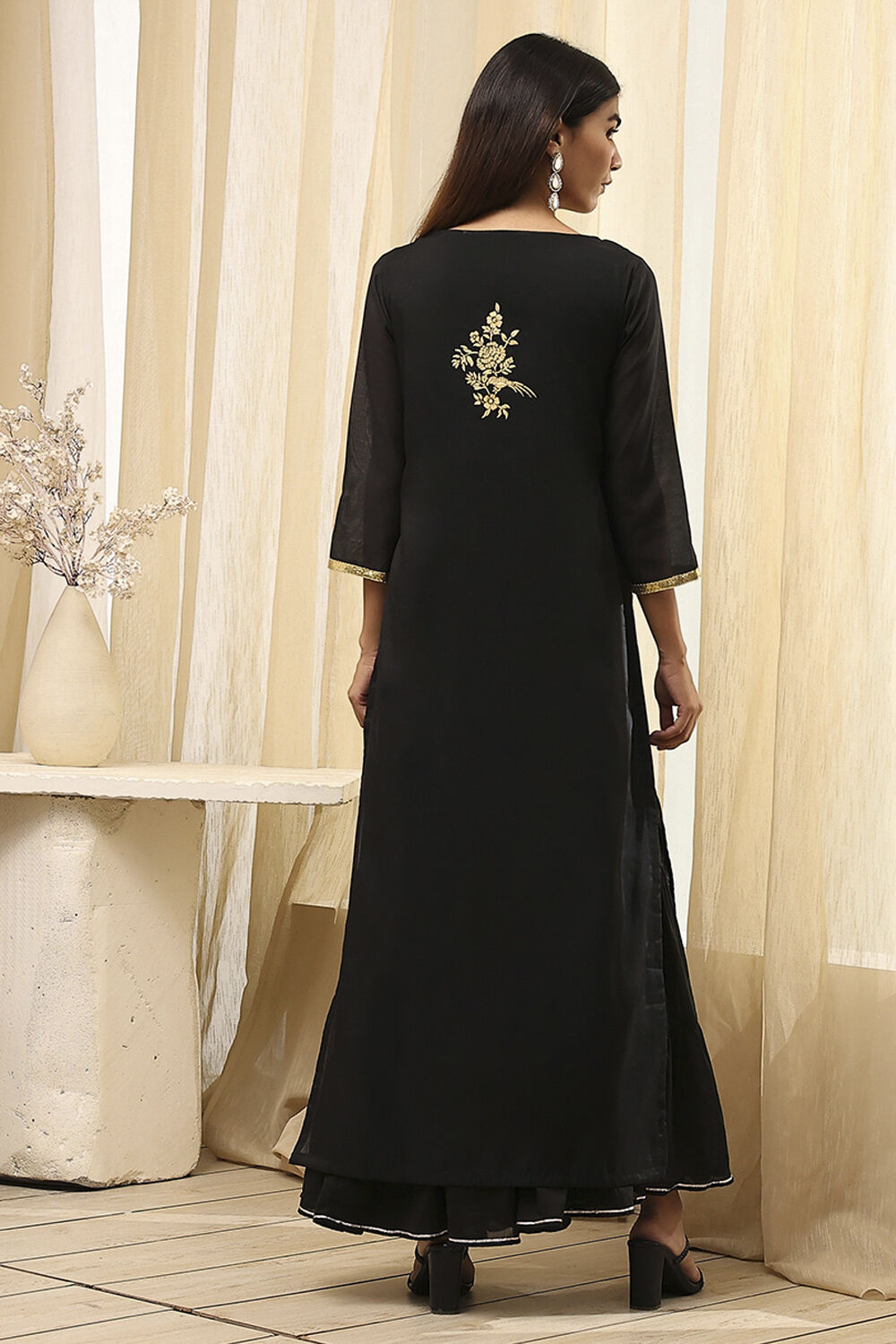 Black Poly Chanderi Layered Tiered Dress image number 5