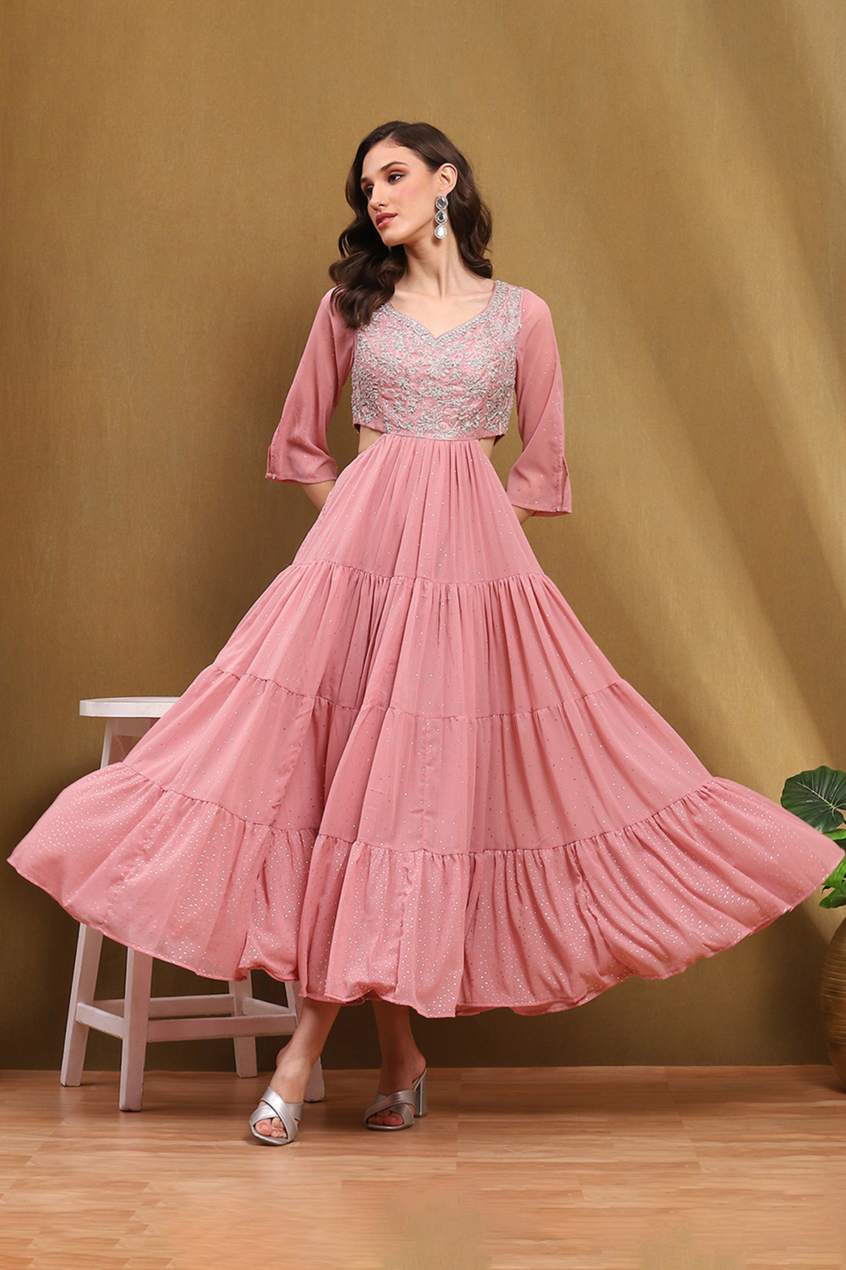 Pink Poly Chiffon Embroidered Festive Tiered Dress