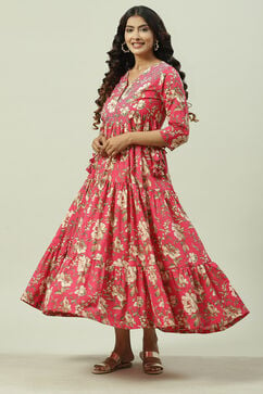 Pink Cotton Tiered Printed Dress image number 2