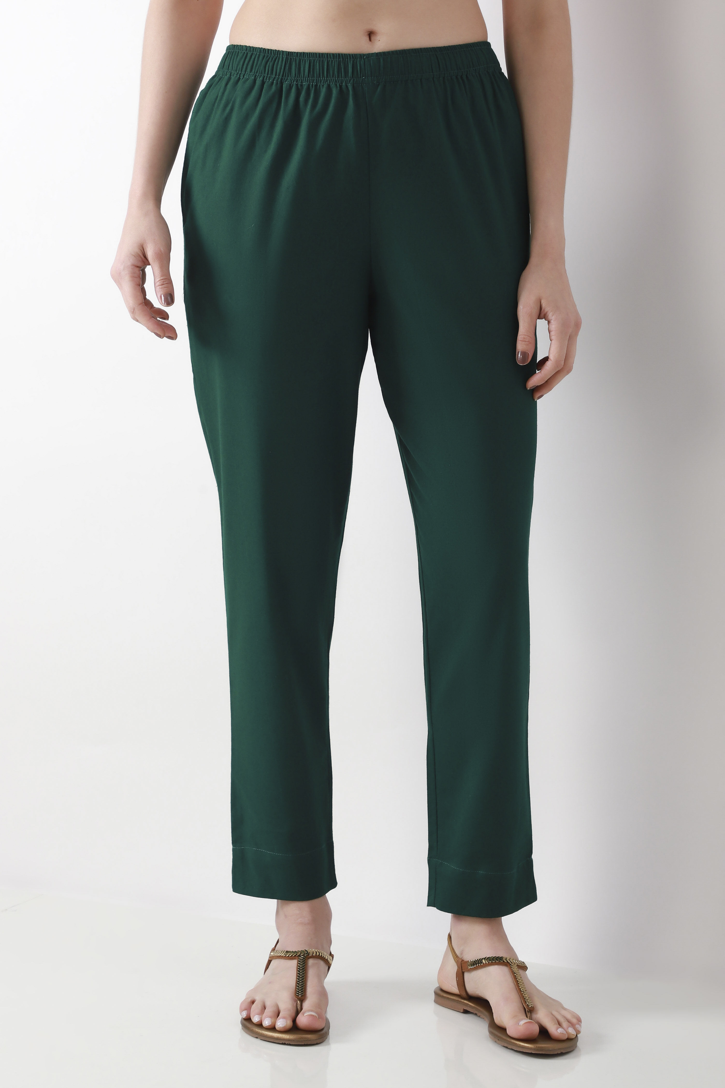 Bottle Green Cotton Solid Fitted Pants image number 4