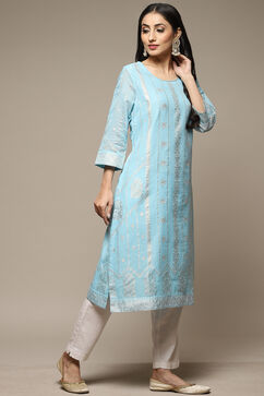 Sky Blue Cotton Blend Straight Printed Kurta image number 3