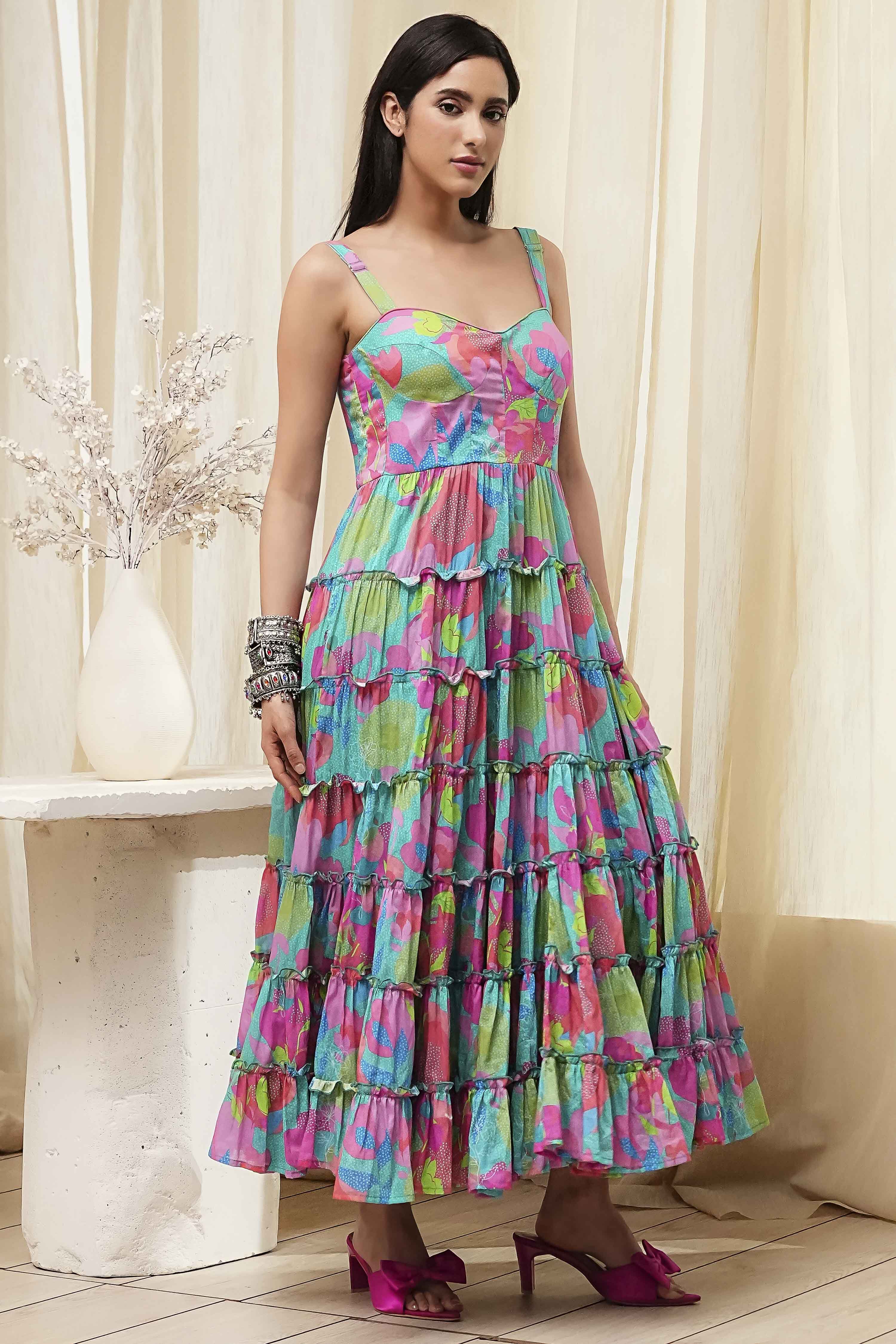 Turquoise Cotton Floral Printed Tiered Dress image number 4