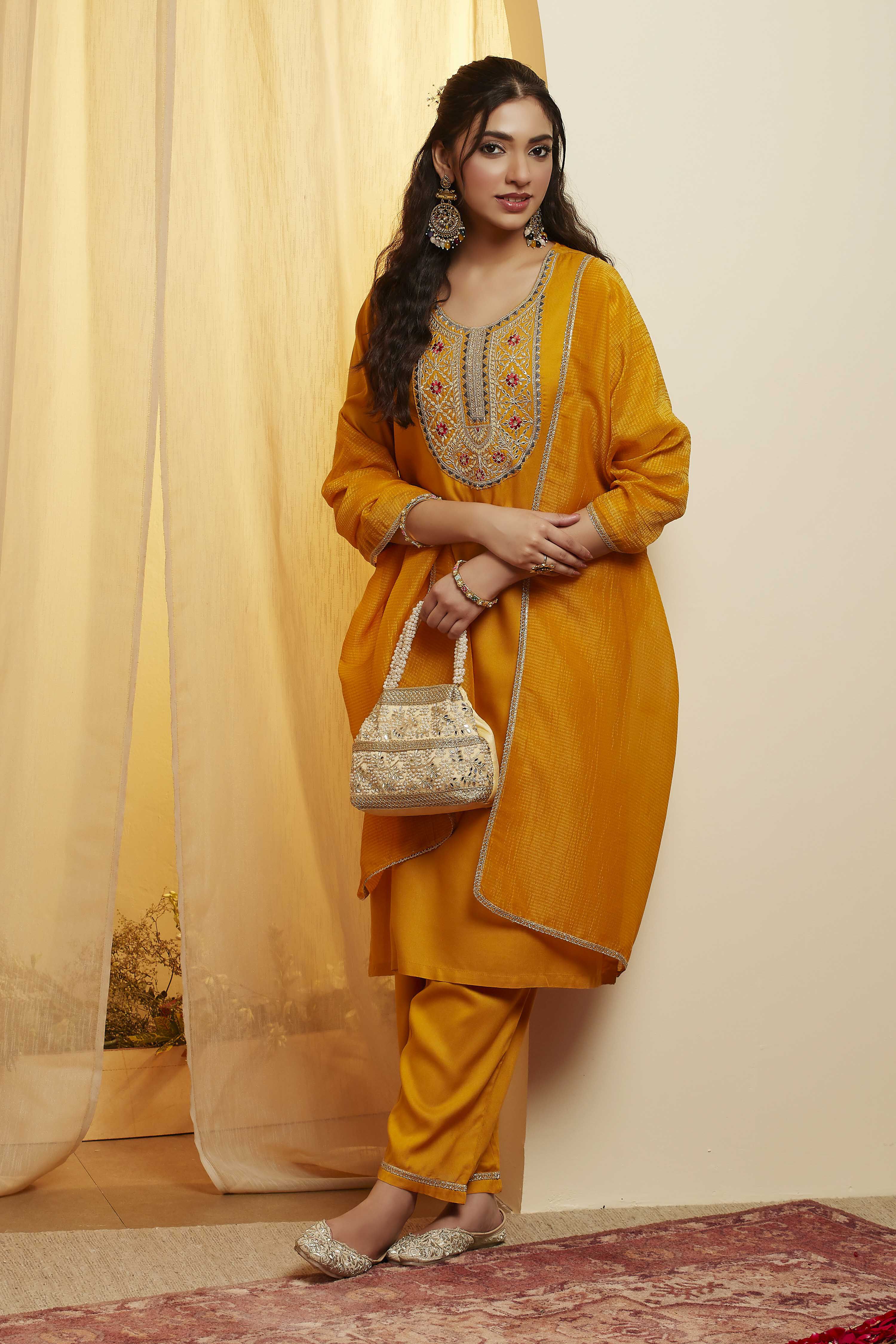 Mustard Viscose Rayon Straight Suit Set image number 6