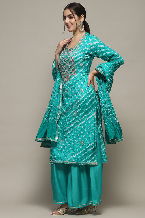 Blue Green Silk Blend Unstitched Suit set image number 5