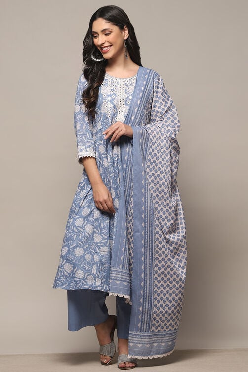 Powder Blue Cotton Anarkali Suit Set image number 0