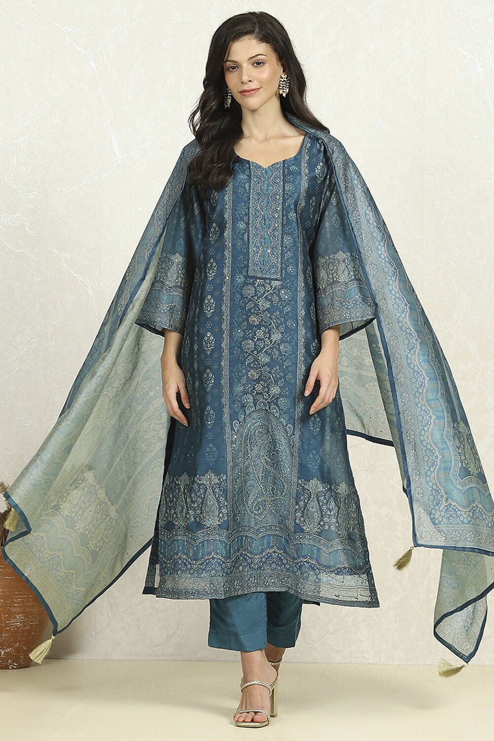 Teal Chanderi Unstitched Suit Set image number 1