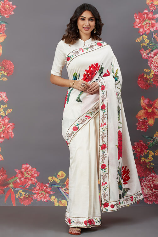 Rohit Bal Off White Chanderi Silk Printed Saree With Blouse Saree ...