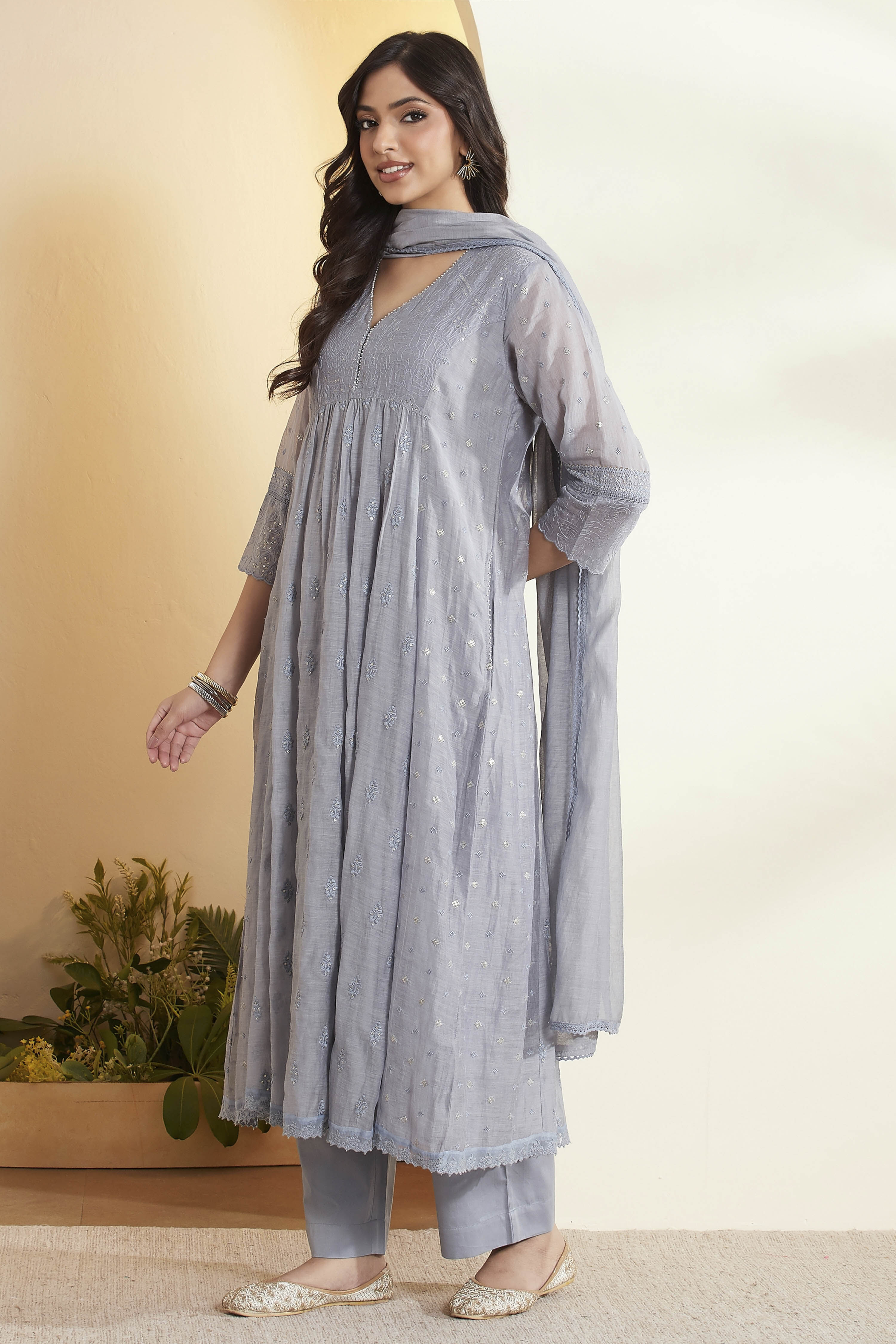Powder Blue Cotton Silk Kalidar Suit Set image number 4