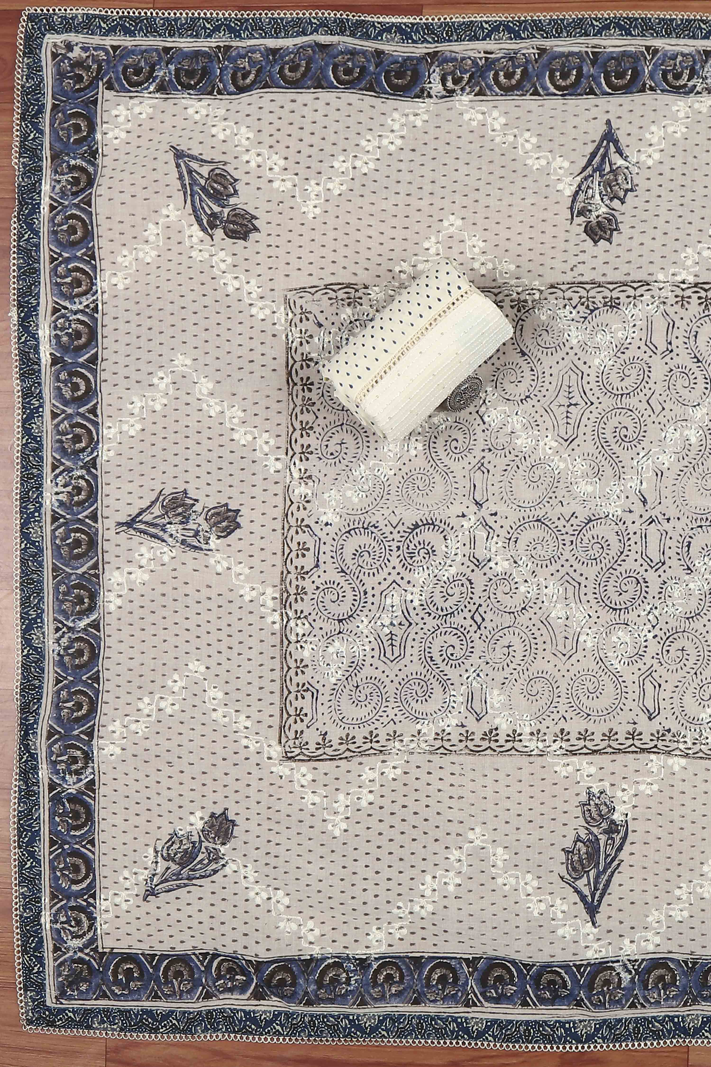 Blue Cotton Printed Embroidered Unstitched Suit Set image number 3