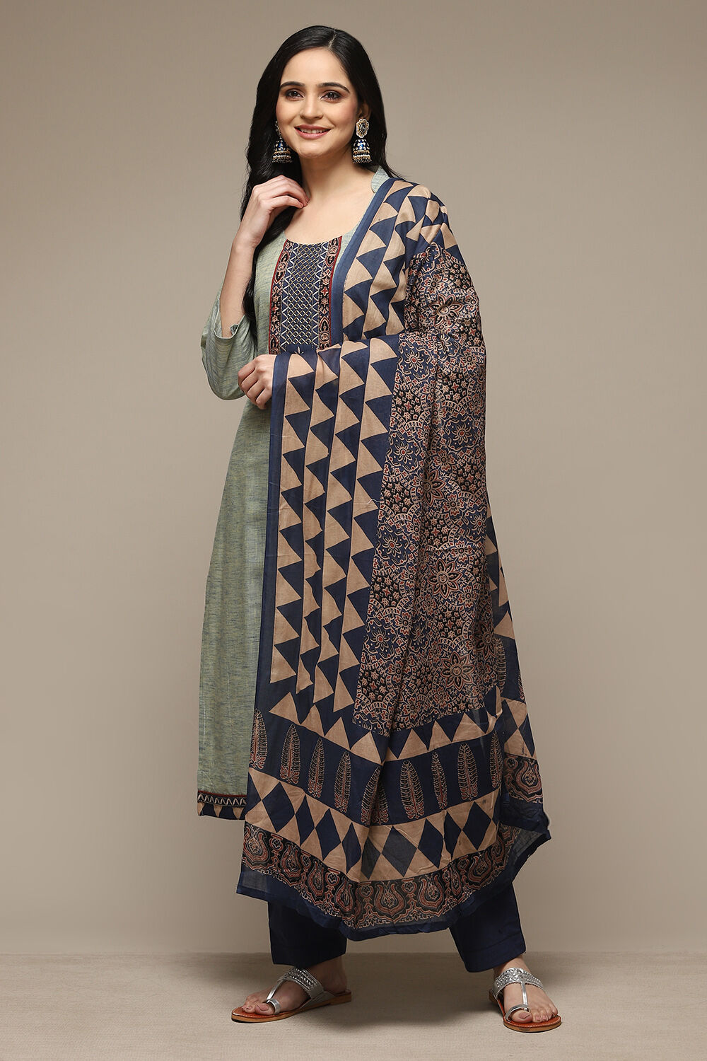Green Cotton Hand Block Print Unstitched Suit Set