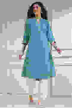 Blue Cotton Ikat Straight Kurta image number 0