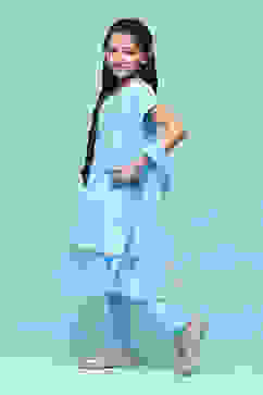 Powder Blue Polyester Straight Printed Suit Set image number 6