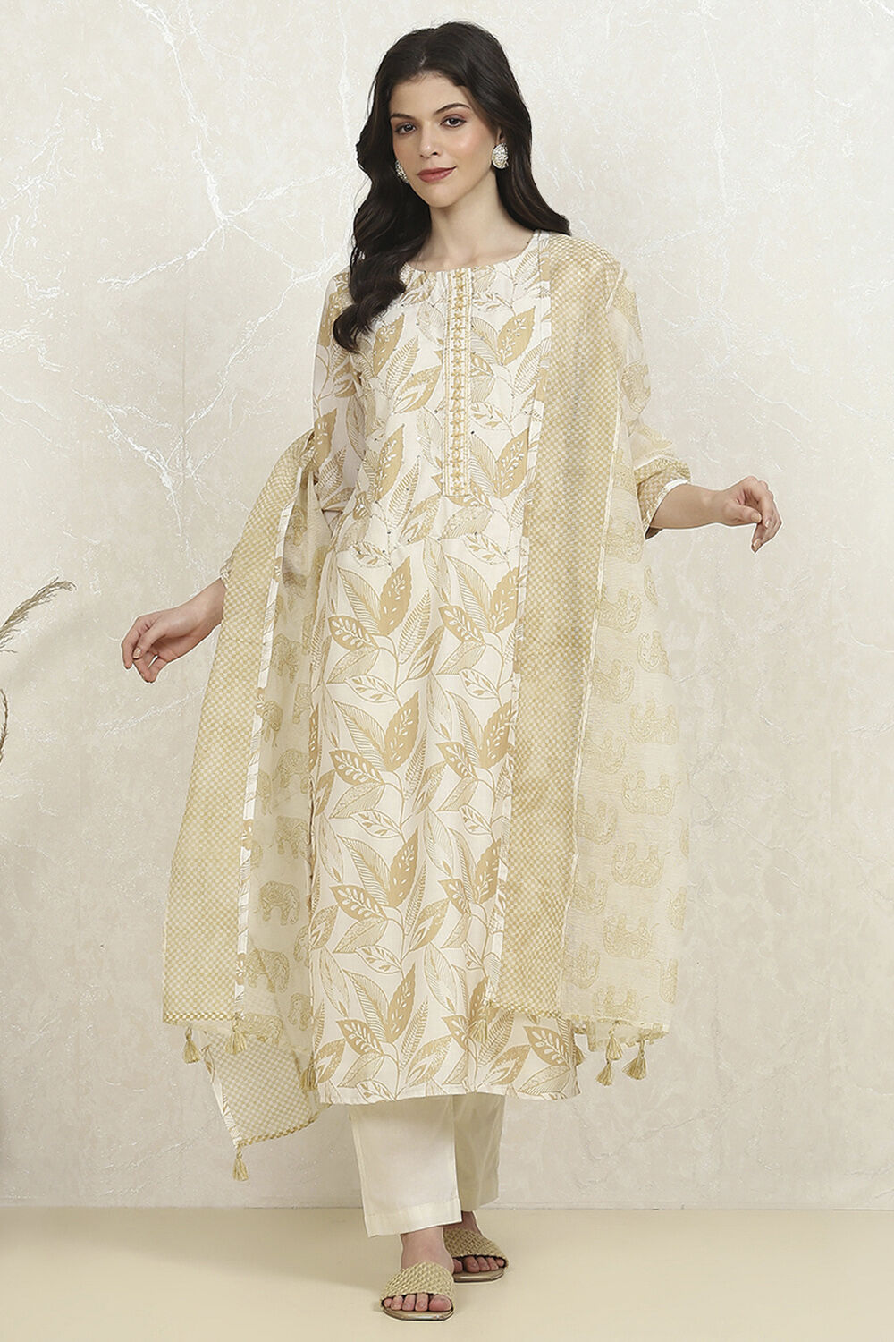 Gold Cotton Digital Print Unstitched Suit Set image number 1