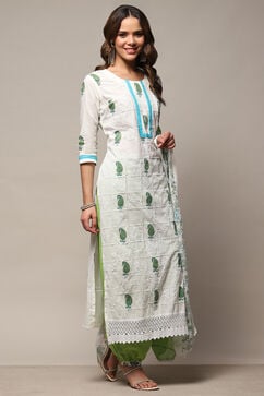 White Green Cotton Unstitched Suit set image number 7