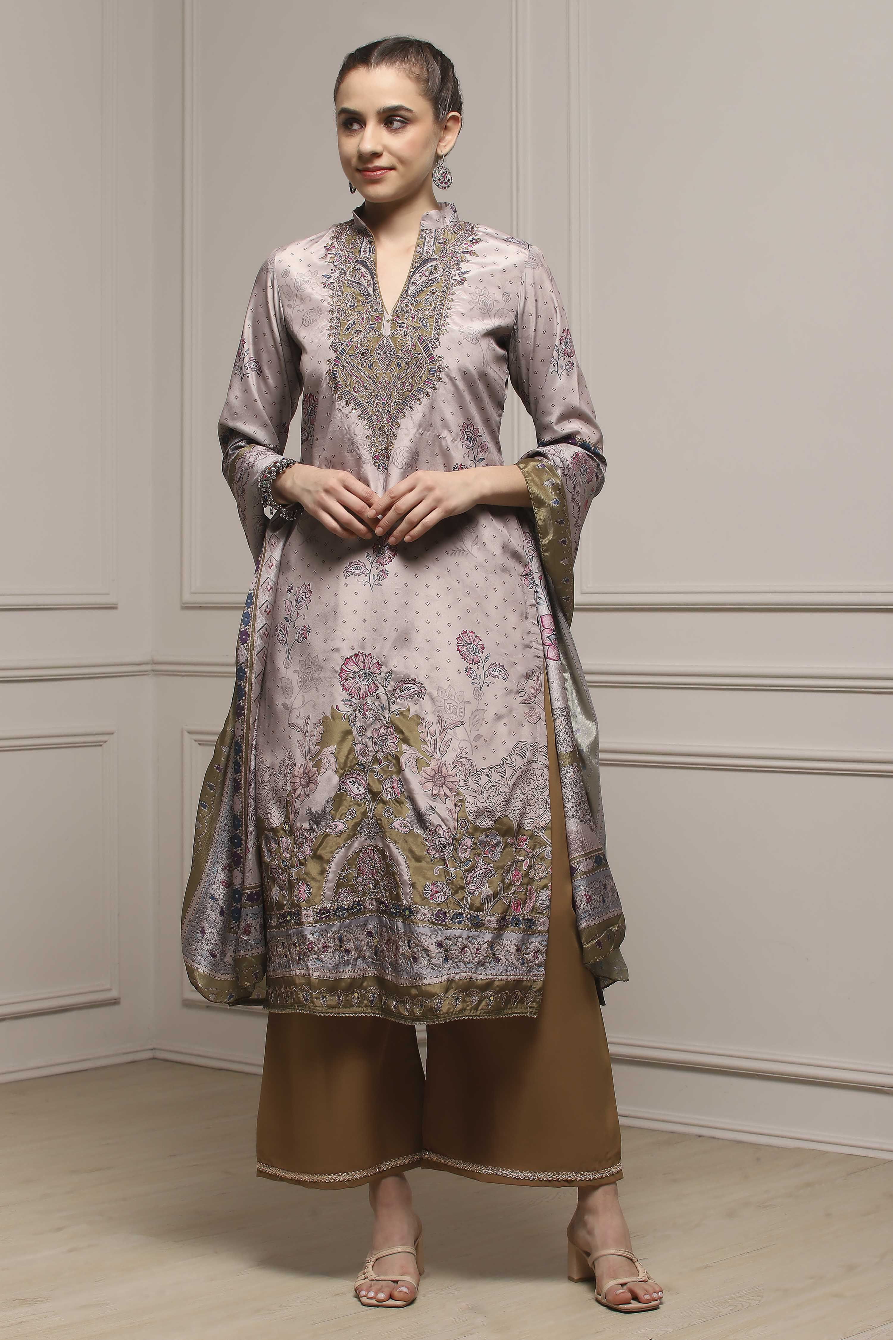 Brown Poly Crepe Digital Print Unstitched Suit Set image number 1