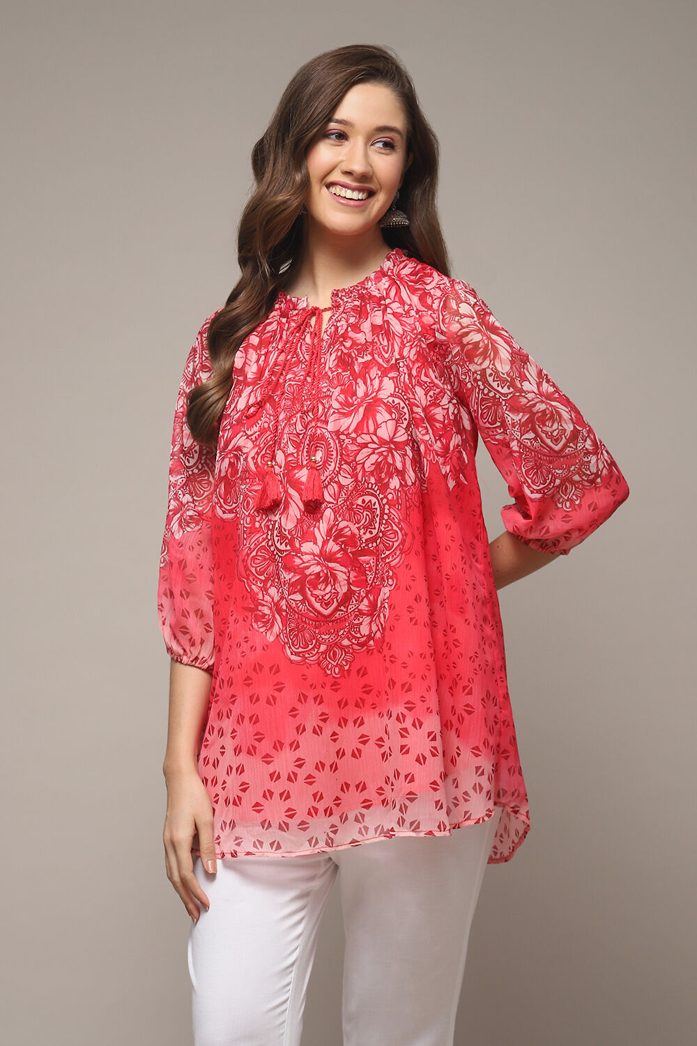 Blue Cotton Blend Printed Kurti image number 1