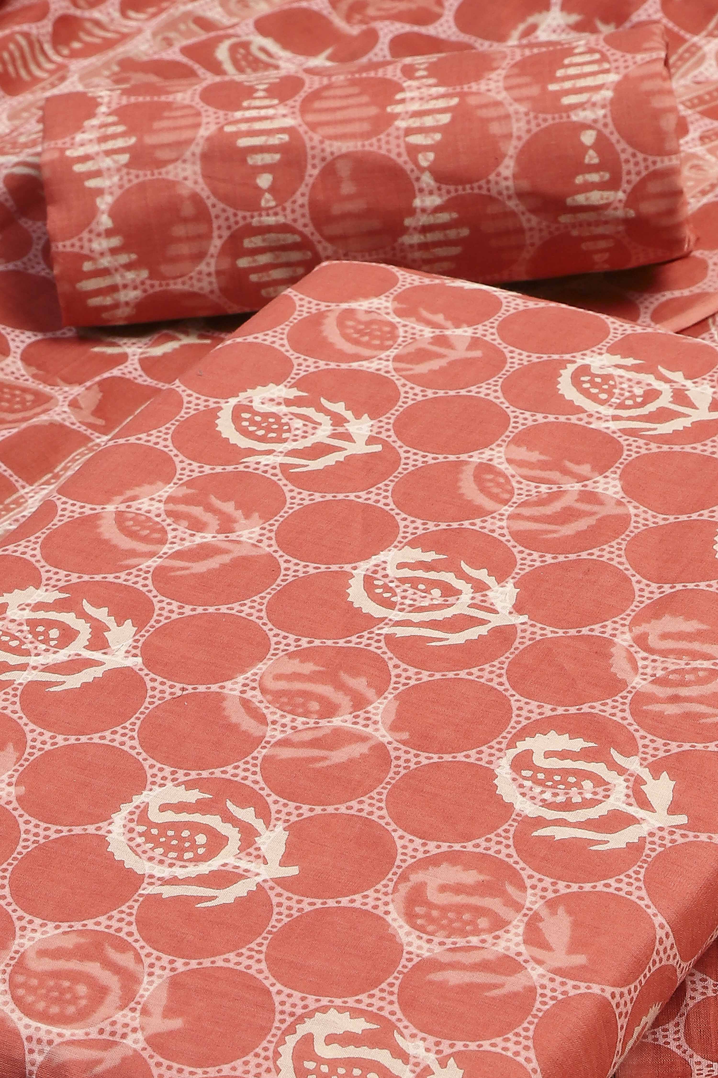 Coral Cotton Screen Print Unstitched Suit Set image number 1