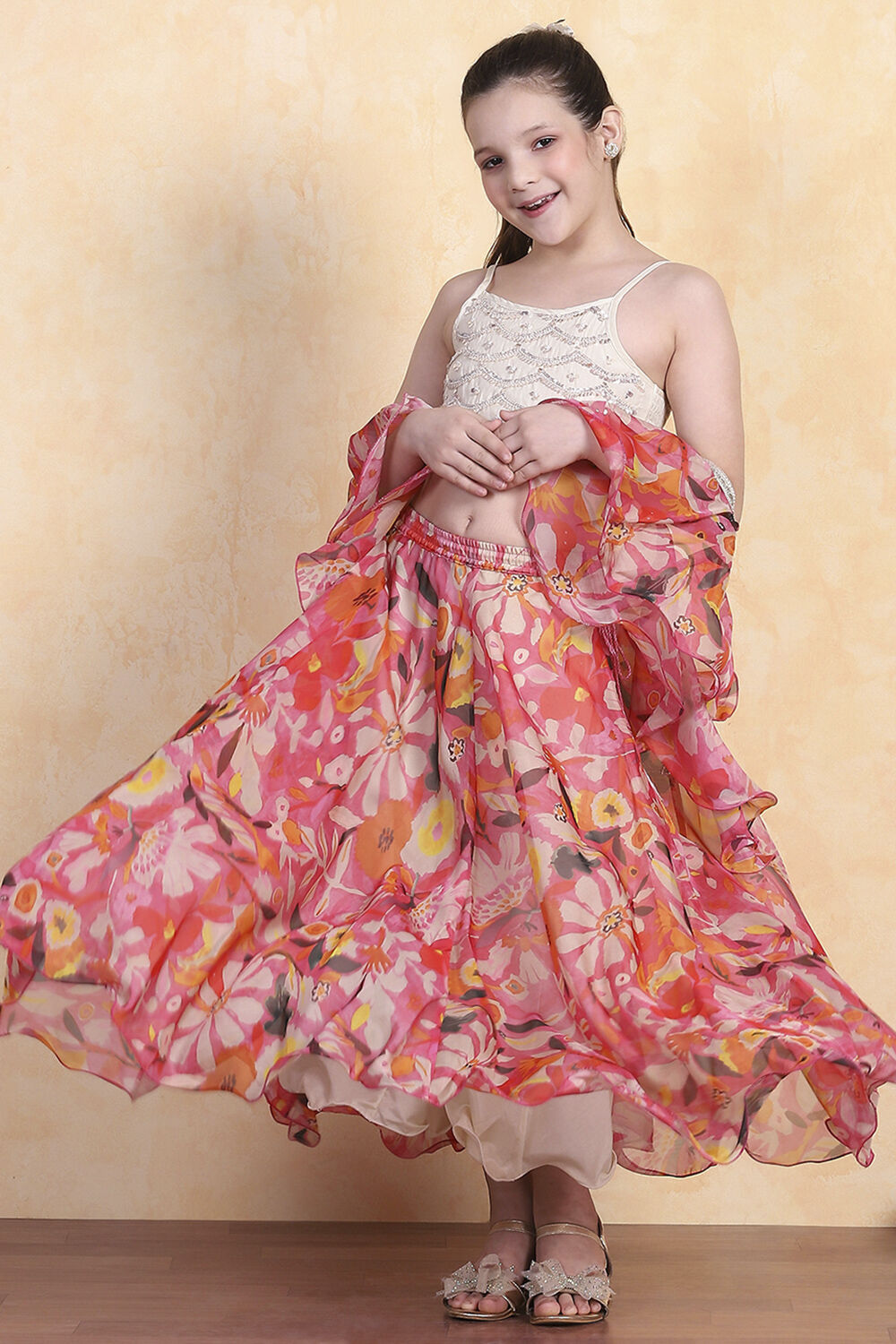 Off-White and Pink Printed Flared Lehenga Set image number 0