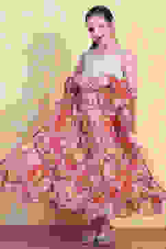 Off-White and Pink Printed Flared Lehenga Set image number 0