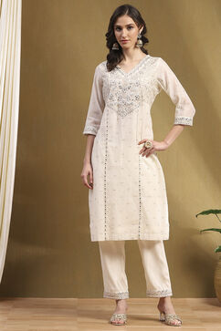 Off-white Poly Chanderi Embroidered Festive Straight Suit Set image number 6
